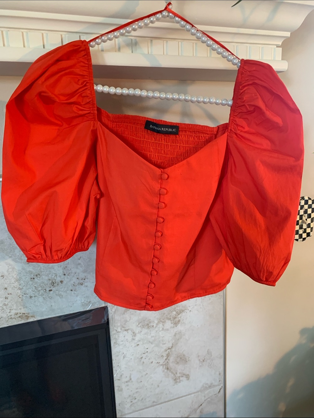 Banana Republic Orange 🍊 Puff-Sleeve Button-Front Cropped Top Size M